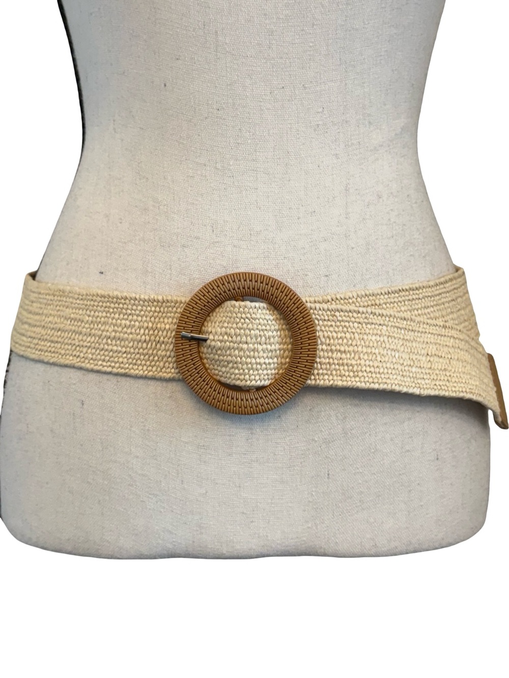 Boho Natural Woven Stretch Waist Belt Round Wood Look Buckle Minimalist Tan 39”